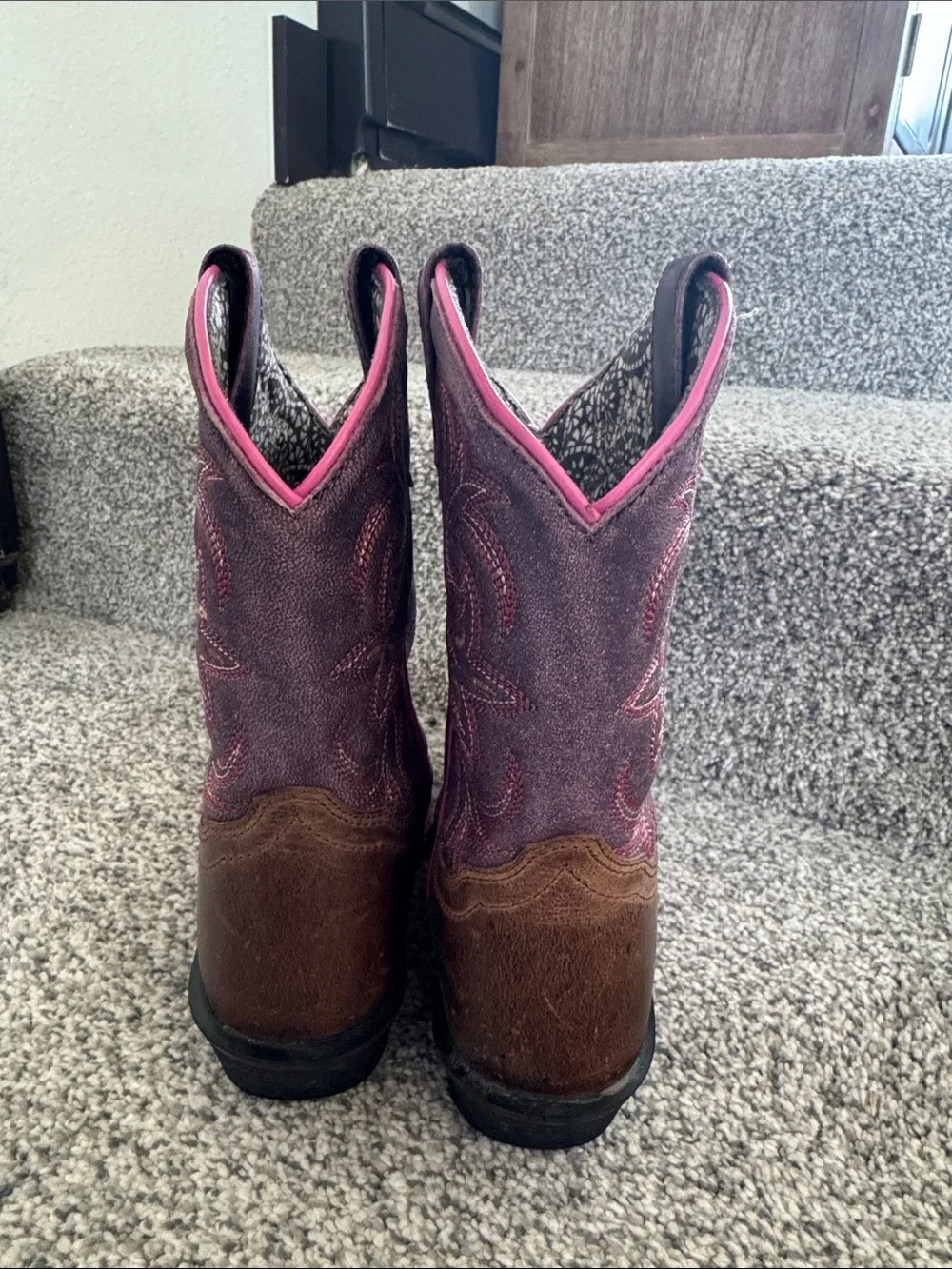 Dan Post Girls Brown Leather & Purple Shaft Cowboy Boots with Pink Trim - Picture 6 of 6